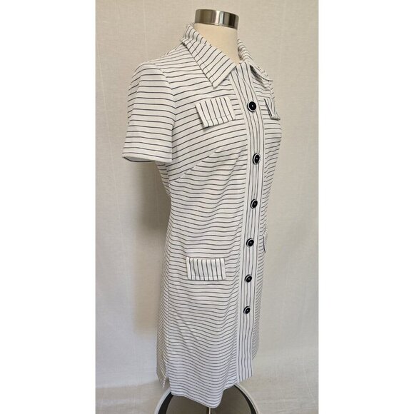70s Vintage Womens Blue Stripe Shift Dress Nautical Casual Button Front - Picture 3 of 6